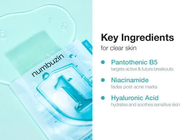 [numbuzin official shop] No.1 Sheet Mask | Pantothenic B5 Hyaluronic Active Clear Mask | Calming, Soothing, Hydrating | Acne Prone Skin | Controls Excess Oil, Reduces Redness, Safe for Sensitive Skin | 4 Sheets