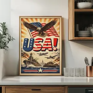 USA WWII Propaganda Poster, Vintage American War Art, Bold Patriotic Wall Print