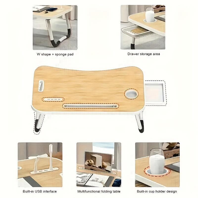 Laptop Bed Table, Foldable Laptop Desk Bed Tray with Storage Drawer, Lap Desk TV Tray for Breakfast Serving, Notebook Stand Reading Holder with Phone Slot and Cup Holder for Sofa Couch Floor
