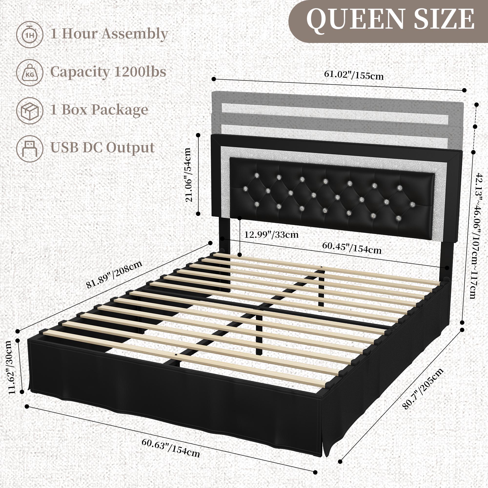 SIBEDS Queen Bed Frame with Adjustable Headboard, PU Upholstered Platform Bed for Bedroom, LED Lighting and Skirt, Diamond Tufted Design, Wooden Slat Support, Easy Assembly