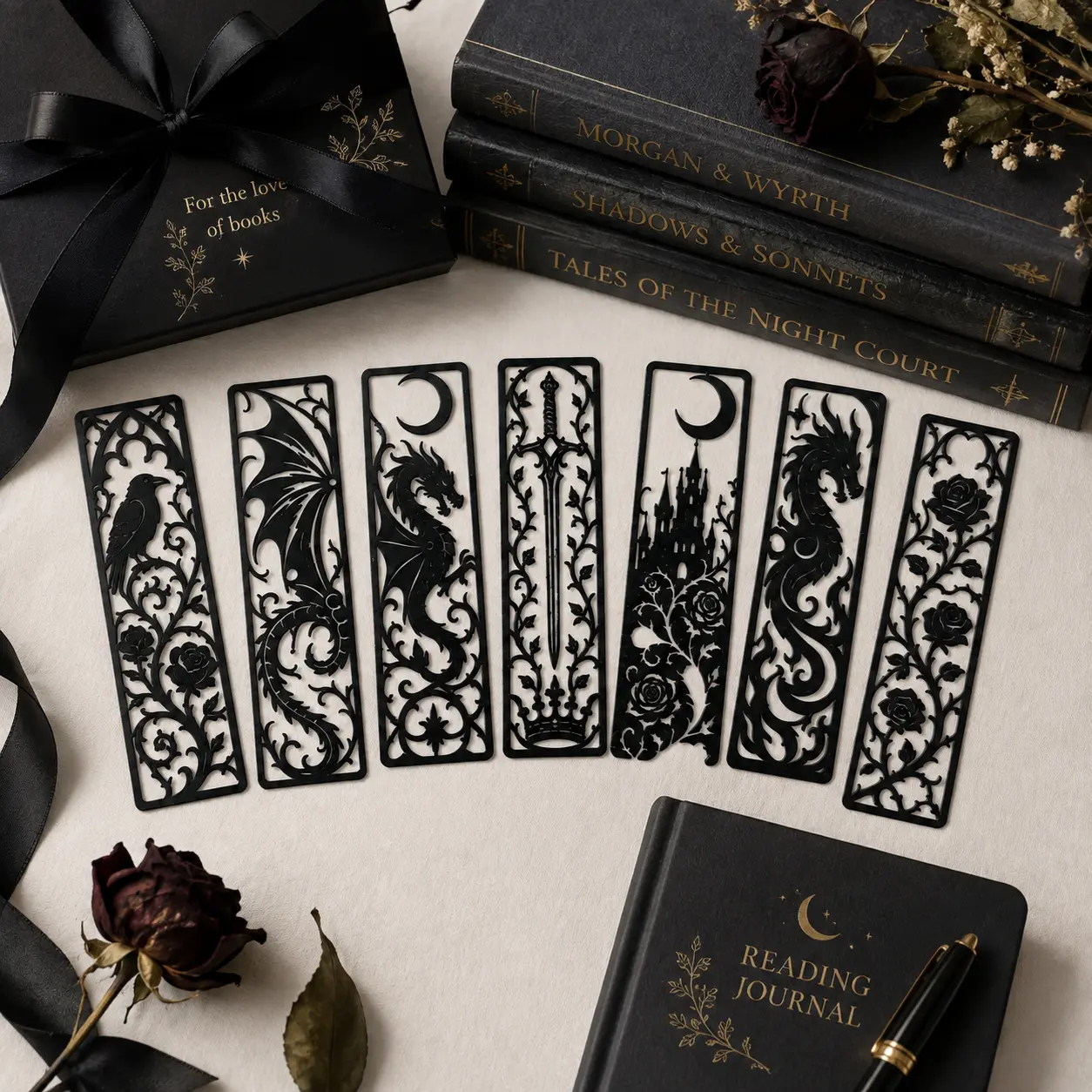 Gothic Fantasy Bookmarks, 7 Unique Designs with Dragon, Raven, Roses, Castle & Sword, Dark Academia Book Lover Gift, Single Bookmark or Complete Set of 7