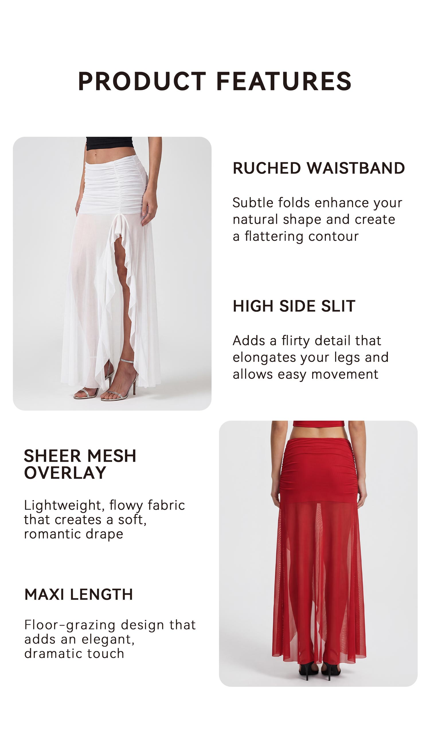 OQQ-Nine cents Sheer Mesh Irregular Split Maxi Skirt - High Waist Ruched Beach Vacation Cover-Up OQQ-Nine cents Sheer Mesh Irregular Split Maxi Skirt - High Waist Ruched Beach Vacation Cover-Up