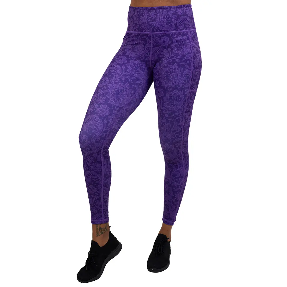 CVG Purple Lace Leggings Gym Womenswear Bottoms Compression Floral Polyester Spandex Pockets Elegant All Seasons Yoga Leggings Workout Gym Pants Gym Yoga Outfit