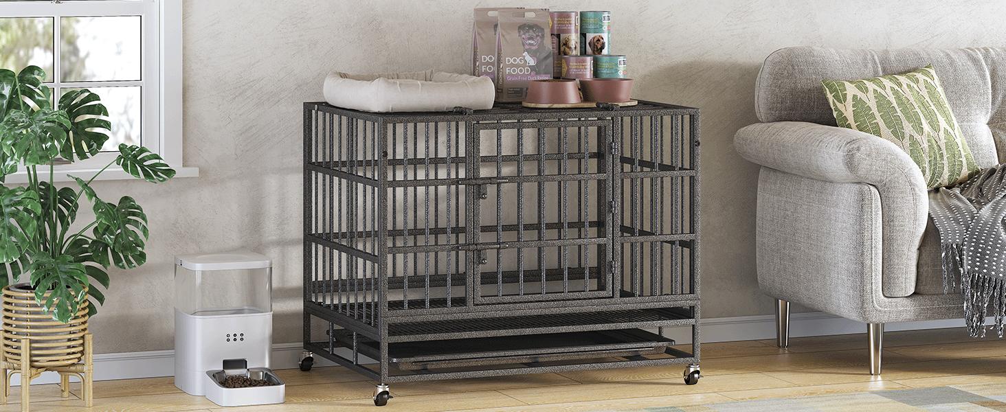 Collared Eagle Heavy-Duty Dog Cage 38" x 48", Reinforced Bottom Panel, Supports up to 200 lbs, Double Door Design, Wheels, Indoor Kennel for Large Breeds, Top-Loading Portable Enclosed Enclosure