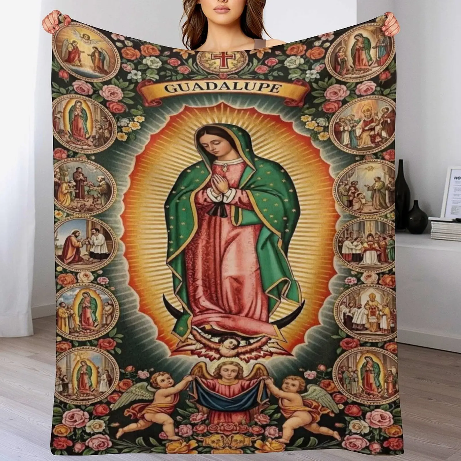 Our Lady of Guadalupe Throw Blanket - Vintage Mexican Catholic Icon with Miracle Scenes Collage, Soft Flannel for Devotional Home Decor & Prayer Room