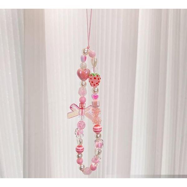 Cute Phone Charms Strap for Smartphones – Aesthetic Beaded Pearl Love Chain Phone Lanyard, Kawaii Phone Jewelry Wrist Strap, Perfect for Christmas Gift