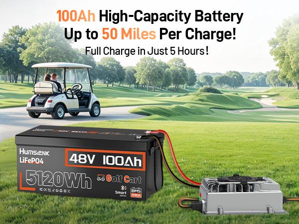 HumsiENK 48V 100Ah LiFePO4 Battery for Golf Cart, Built-in 200A BMS, Bluetooth Monitoring, 50+ Mile Range，Low-Temp and 15000+ Deep Cycles For RV, Solar Marine, Off-grid