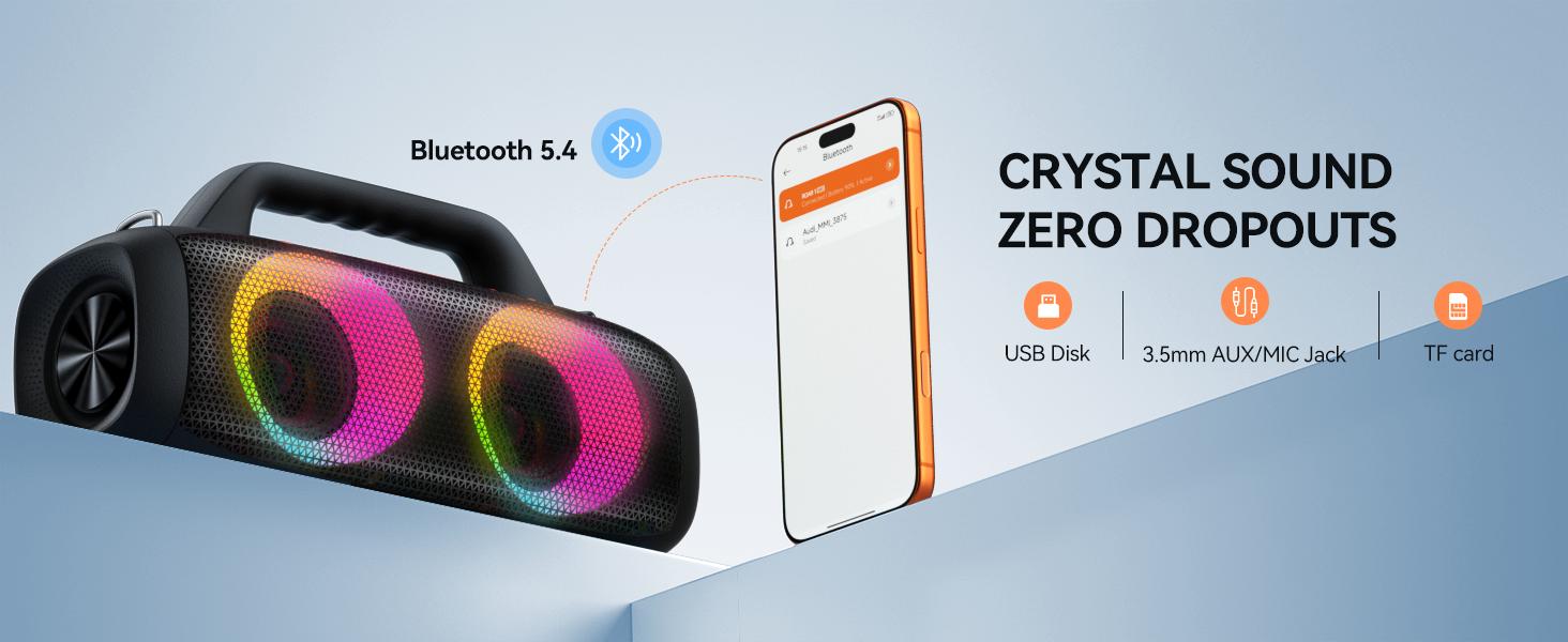 TAGRY Roar 1 Portable Audio Bluetooth Speaker,60W Powerful Sound with Deep Bass,IPX6 Waterproof,24H Playtime,Bluetooth 5.4 for Smartphone,RGB Party Lights,Wireless Stereo Pairing,Travel Outdoor for Camping and Beach, for  Birthday, Friend
