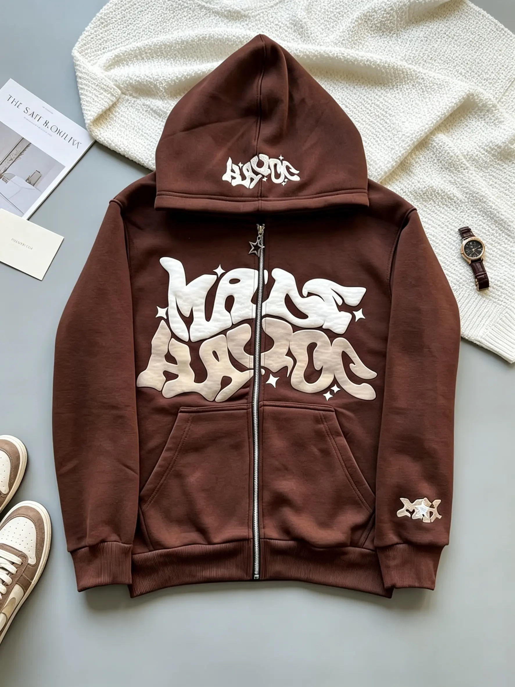 Y2K Retro Star And Letter Printed Full zipper Hoodies，Spring Autumn Harajuku Women And Men Fashion Hip Hop Long Sleeve Hooded ，Avant-Garde - Street Casual Spring/Fall Loose Zipper Pocket Patched，Autumn and Winter Gothic Coat preppy style