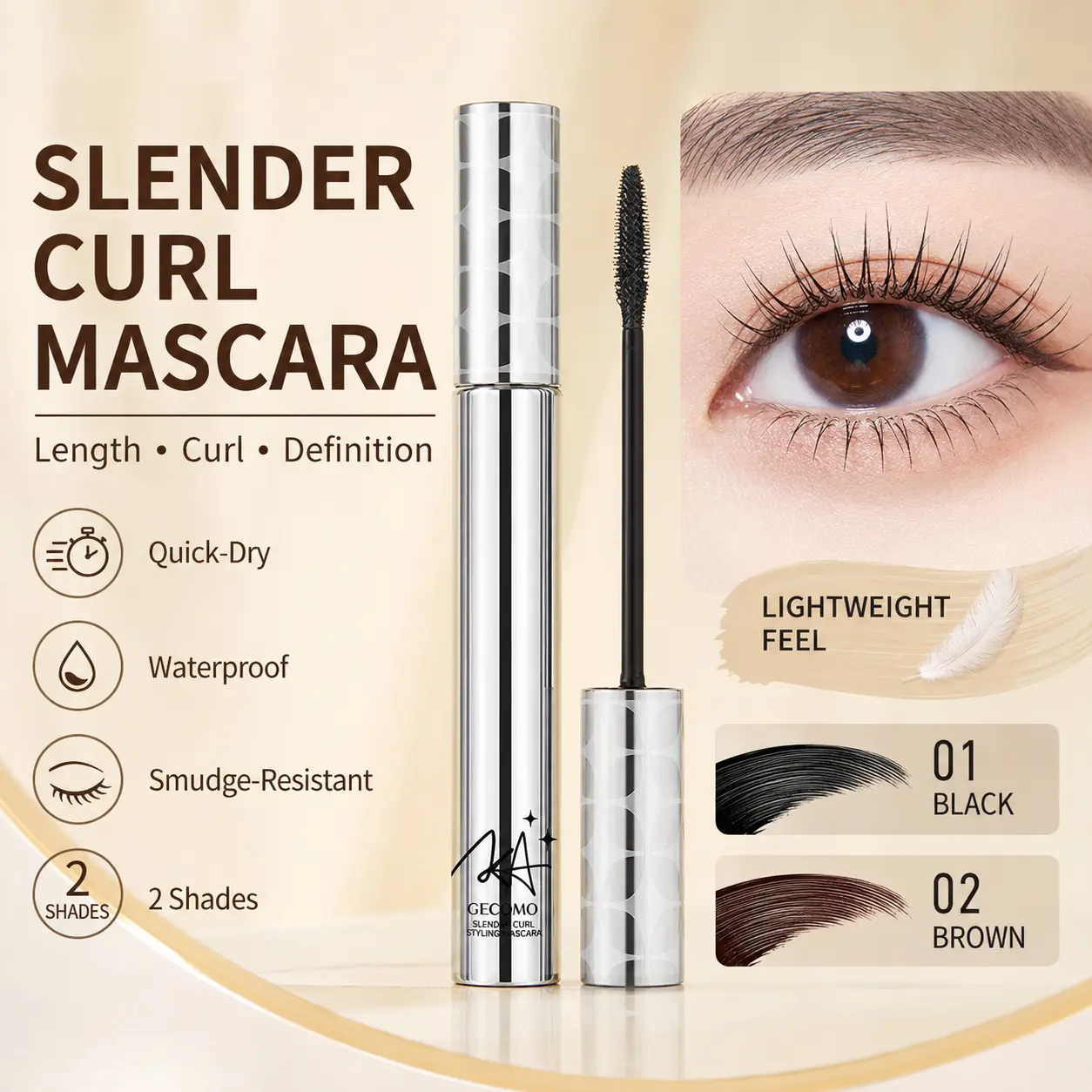 Slender Curl Mascara, Waterproof Lengthening & Volumizing Mascara, Quick-Dry Smudge-Resistant Lash Makeup, Slim Precision Brush, 01 Black 02 Brown