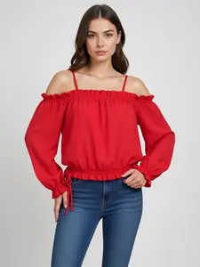 Off Shoulder Adjustable strap Long Sleeve cute blouse