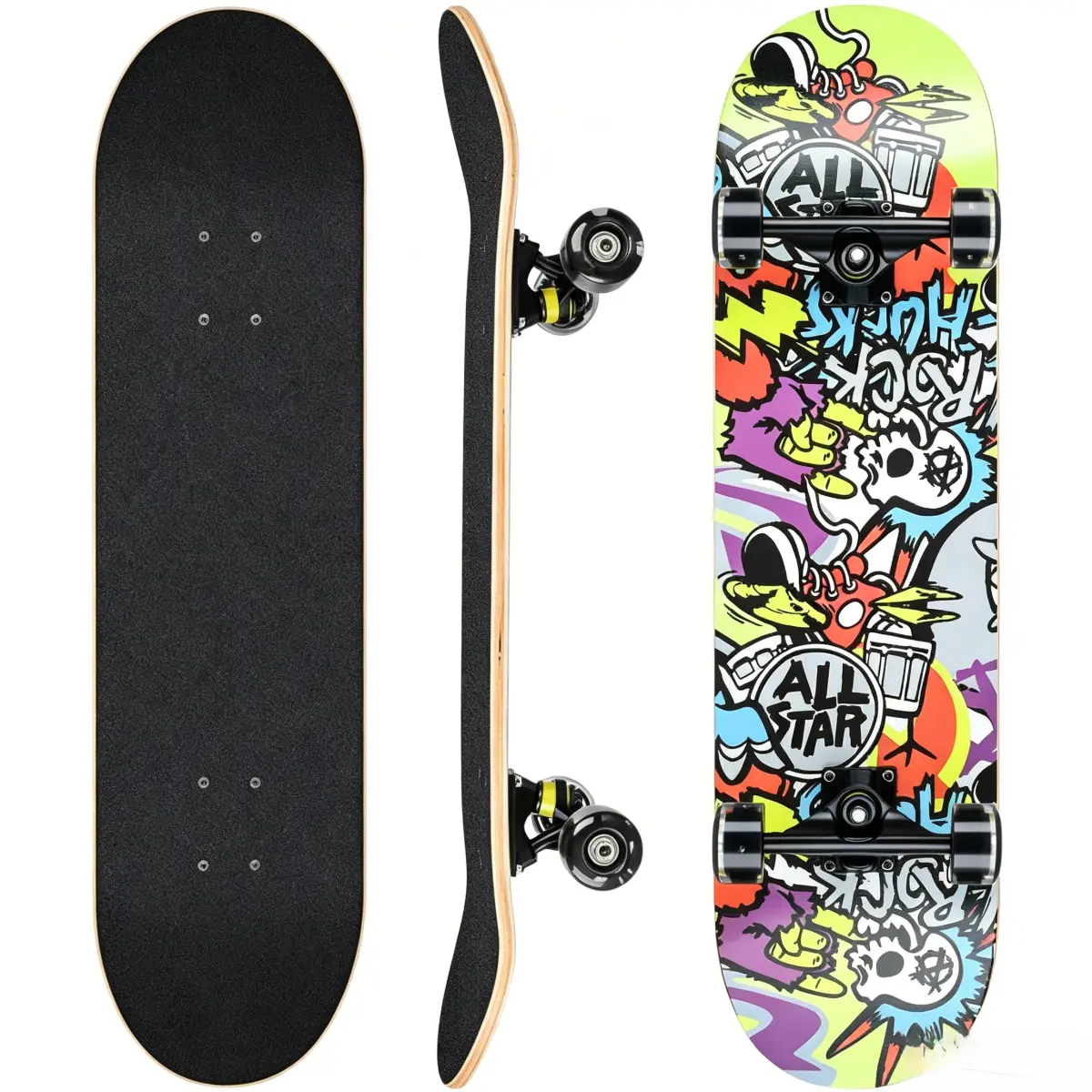 31x8 Inch Unisex Complete Skateboard Setup - 8-Layer Maple Wood Double Kick Concave Flight Deck, Graphic Art Design for Tricks & Ride, Ideal for Beginners (Kids/Teens), Vibrant Prints