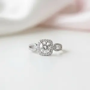 Round Cut 18k Halo Diamond Option Split Shank Engagement Ring