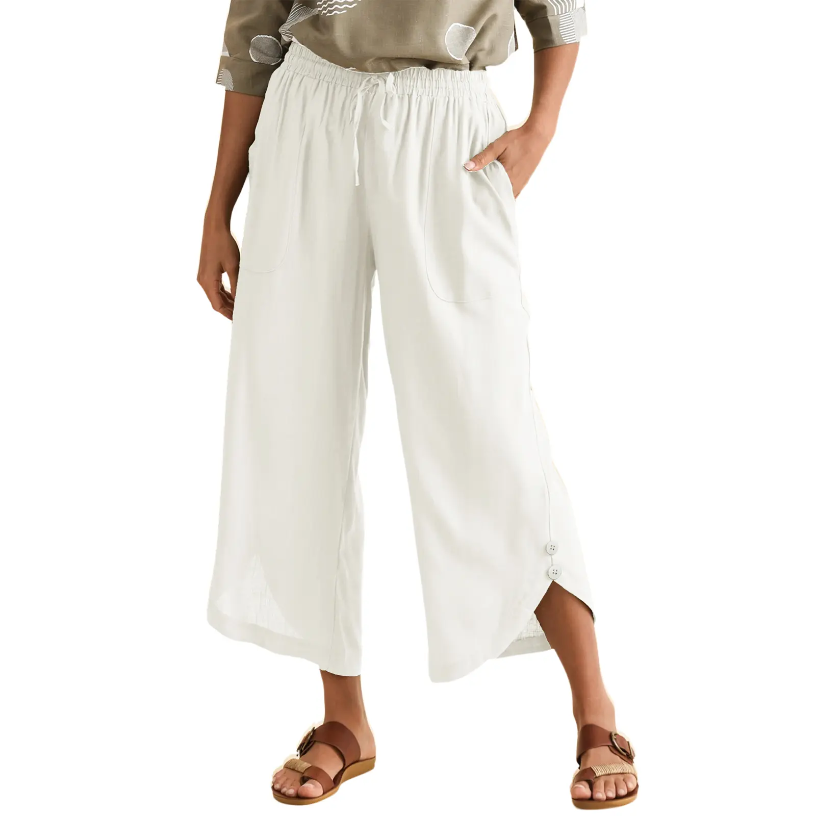EVALESS Women's Casual Linen Cotton Capris Pants Classic Summer Loose Fit Solid Cropped Trousers with Drawstring Elastic Waist, Side Pockets & Leg Button 2026 Womenswear Pants  Deals For You Days summer outfits