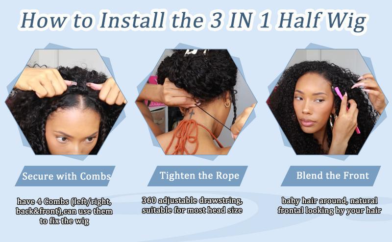 VOSILK Water Wave Half Wig 3 in 1 Drawstring Seamless Flip Over With Adjustable String Invisible Hairline Headband Wig Beginner Friendly Glueless Wig for Women