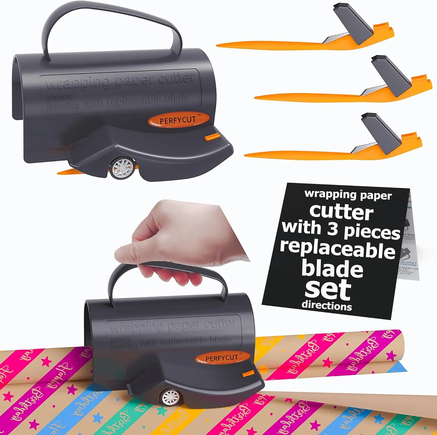 Wrapping Paper Cutter with Handle, Includes 3 Replaceable Blades, Safe & Easy Gift Wrap Roll Cutter for Paper & Kraft Paper