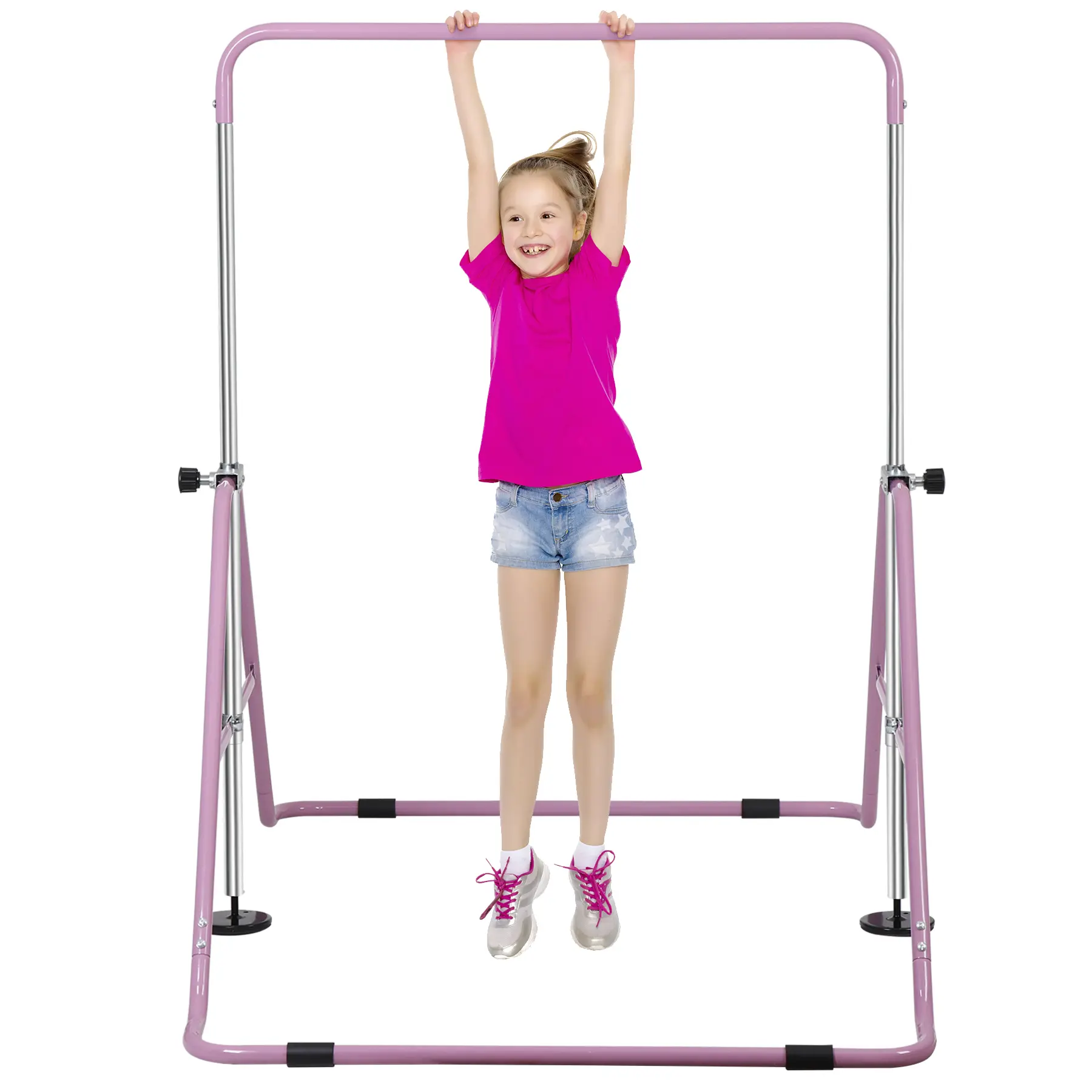 AnswerE Junior Gymnastics Bar for Kids, Expandable Folding Steel Home Training Equipment with Triangular Base, Rubber, 35"-51" Adjustable Height, Exercise Mat, 130 Lbs Max Load, 17.5lbs/2.15kg, 39" L x 14.2" W, Pink, 1 Unit