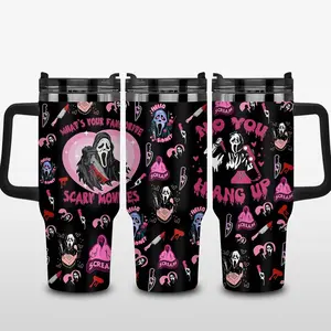 No You Hang Up Scream GhostfaceTumbler, Horror Movie 40oz Tumbler, Halloween Insulated Cup, Cute Pink Ghostface 40oz Tumbler