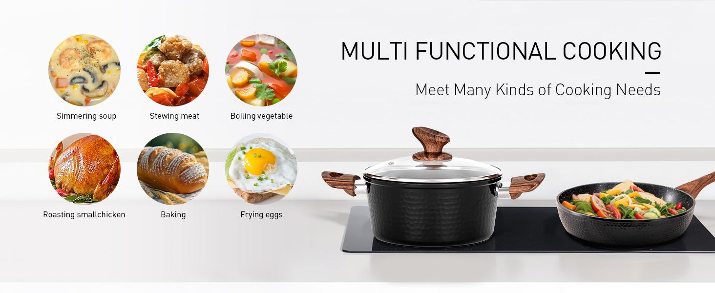 Kitchen Academy 12/17/30 Piece Premium Cookware Set, Triple Coated Nonstick Pots and Pans Set, Aluminum Construction for Stovetop & Oven, Includes Cast Iron Skillet and Casserole