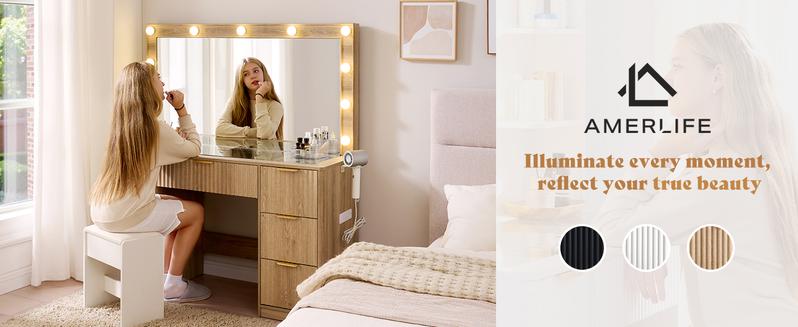 AMERLIFE 36.2/47.2" Fluted Vanity Desk with Mirror and Adjustable LED Lights, Large 4/7 Drawers Makeup Table with Glass Top and Charging Station for Women and Girls,,Best Gift Ideas/Christmas Gifts