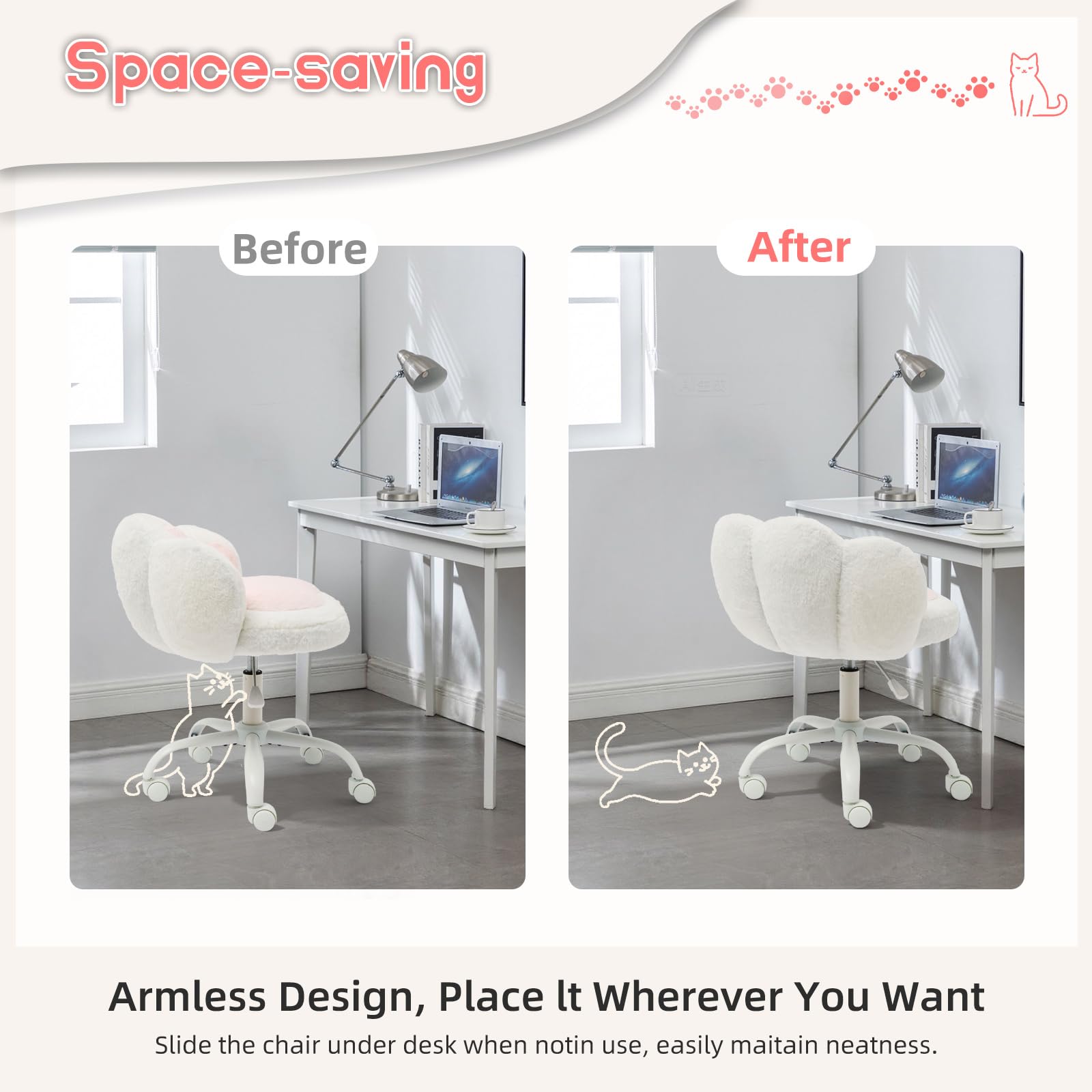 Vanity Chair with Wheels,Cute Cat Paw Office Chair with Back,360°Rotating Height Adjustable Armless Chair in Vibrant Color-Blocking,Small Desk Chair,Plush Cushion for Bedroom,Make-Up Room Home Office