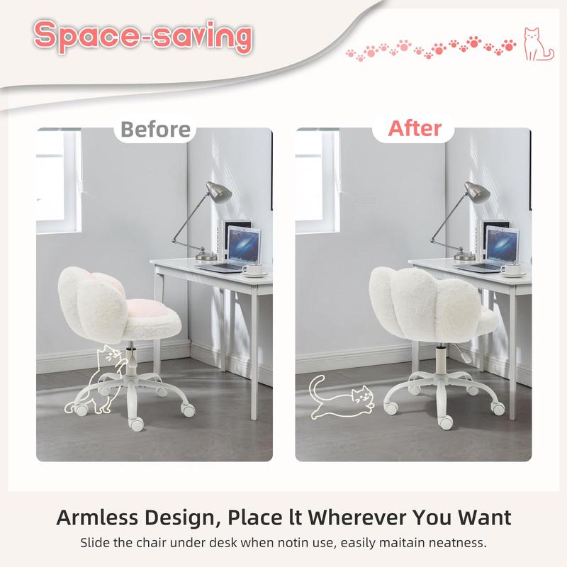 Vanity Chair with Wheels,Cute Cat Paw Office Chair with Back,360°Rotating Height Adjustable Armless Chair in Vibrant Color-Blocking,Small Desk Chair,Plush Cushion for Bedroom,Make-Up Room Home Office