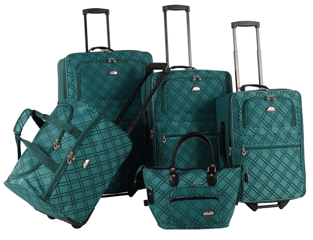 American Flyer 82900-5 Pemberly Buckle Luggage Set - 5-Piece Green Luggage with Pocket, Inline Skate Wheels, 30 lbs Capacity, Detachable Shoulder Strap, Multi-Piece, Travel, Zip, Sturdy Handles Luggage Sets