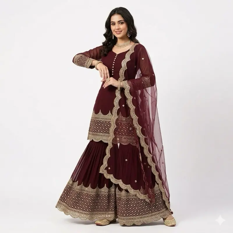 Women's 2-Piece Traditional Indian Embroidered Kurta Set, Long Sleeve Peplum Tunic Top with Pants, Stylish Casual Original Women's Clothes