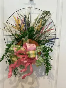 Wildflower Hoop Wreath, Pink Yellow Lavender Floral Door Decor, 12 Inch Cottage Accent
