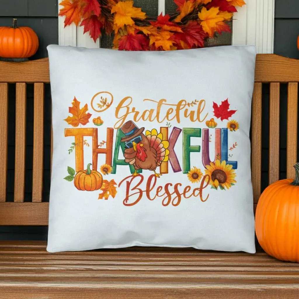Grateful Thankful Blessed Pillow – Colorful Turkey & Pumpkin Thanksgiving Cushion – Indoor/Outdoor, 3 Sizes