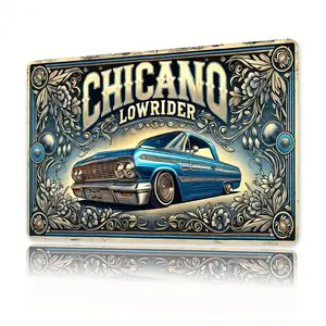 Retro Chicano Lowrider Tin Sign - Vintage Blue Car Metal Wall Art, Rustic Iron Decor for Home, Bar, Cafe, Garage, Farmhouse, Mecan be customized with your own design