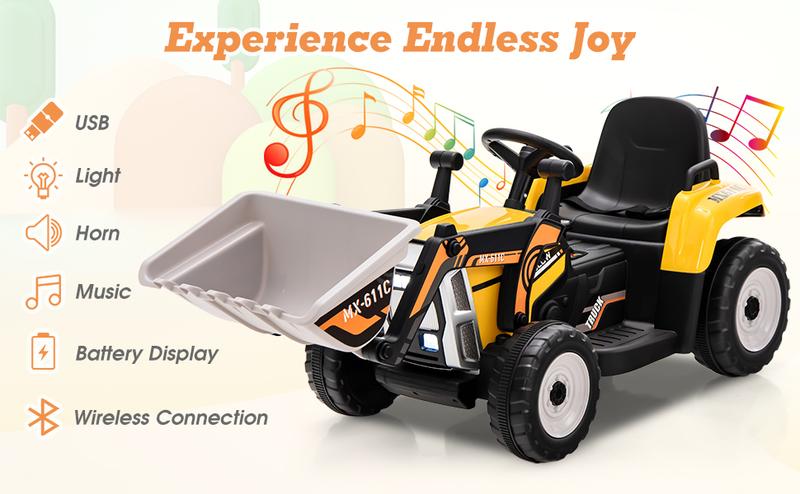 Costway Ride On Excavator/ Road Roller/Tractor, 12V Kids Ride on Car w/ Remote Control, Horn, Music/Lights/Spring Suspensions, Ride On Tractor for Boys Girls