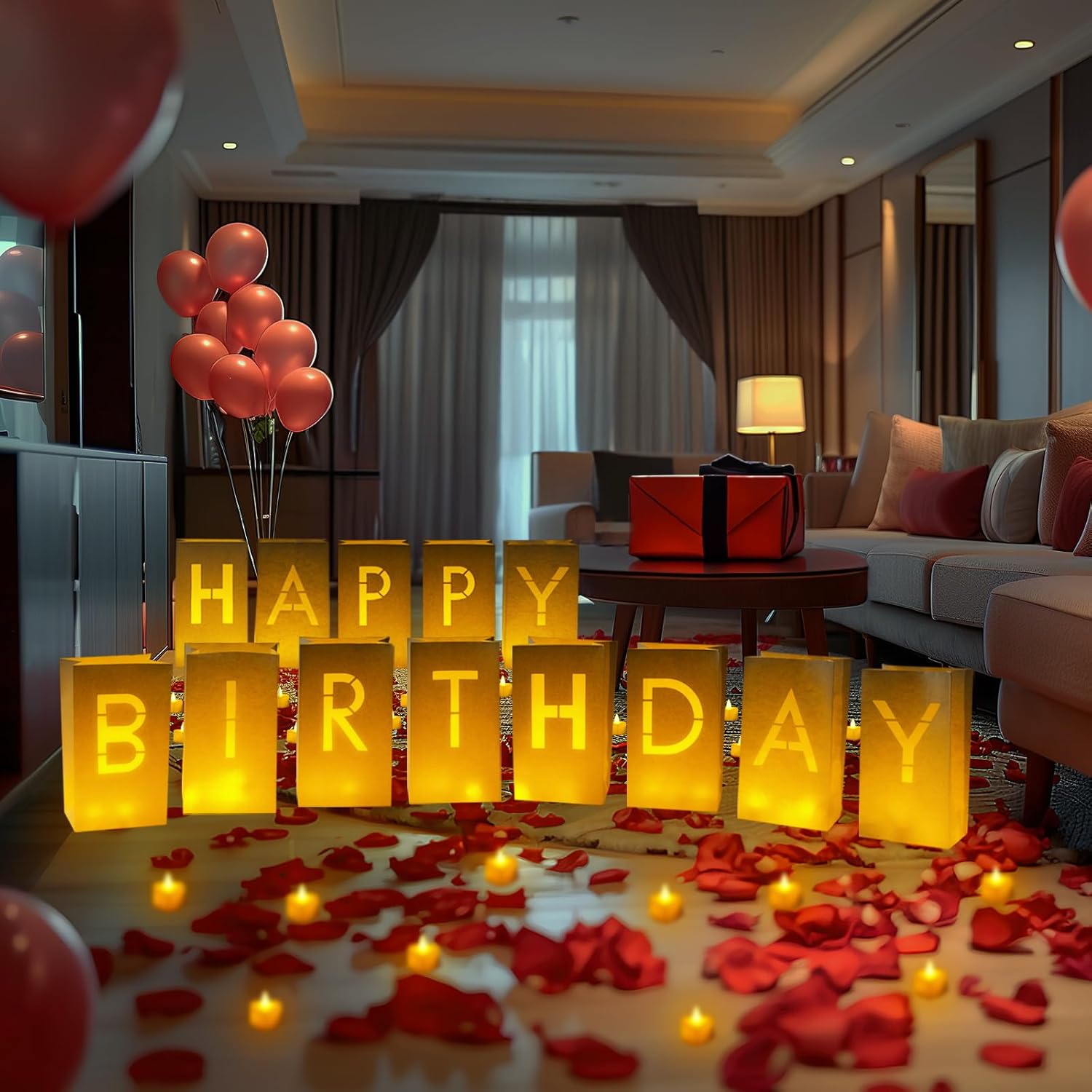 Happy Birthday Light Up Letters Luminary Bags with Flameless Candles and Fake Rose Petals, Happy Birthday Sign Party Decoration for Women Men