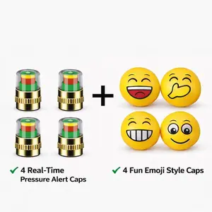 [8pcs] 2-in-1 Tire Valve Cap Set – 4 Pressure Indicator Safety Caps + 4 Emoji Style Valve Caps, Real-Time Tire Pressure Monitor Valve Caps for Cars, Bikes & Motorcycles