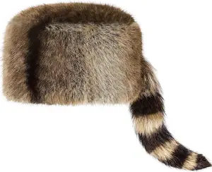 Raccoon Hat with Tail for Women Men Faux Fur Coonskin Raccoon Tail Hat Warm Winter Cap for Unisex Cold Weather