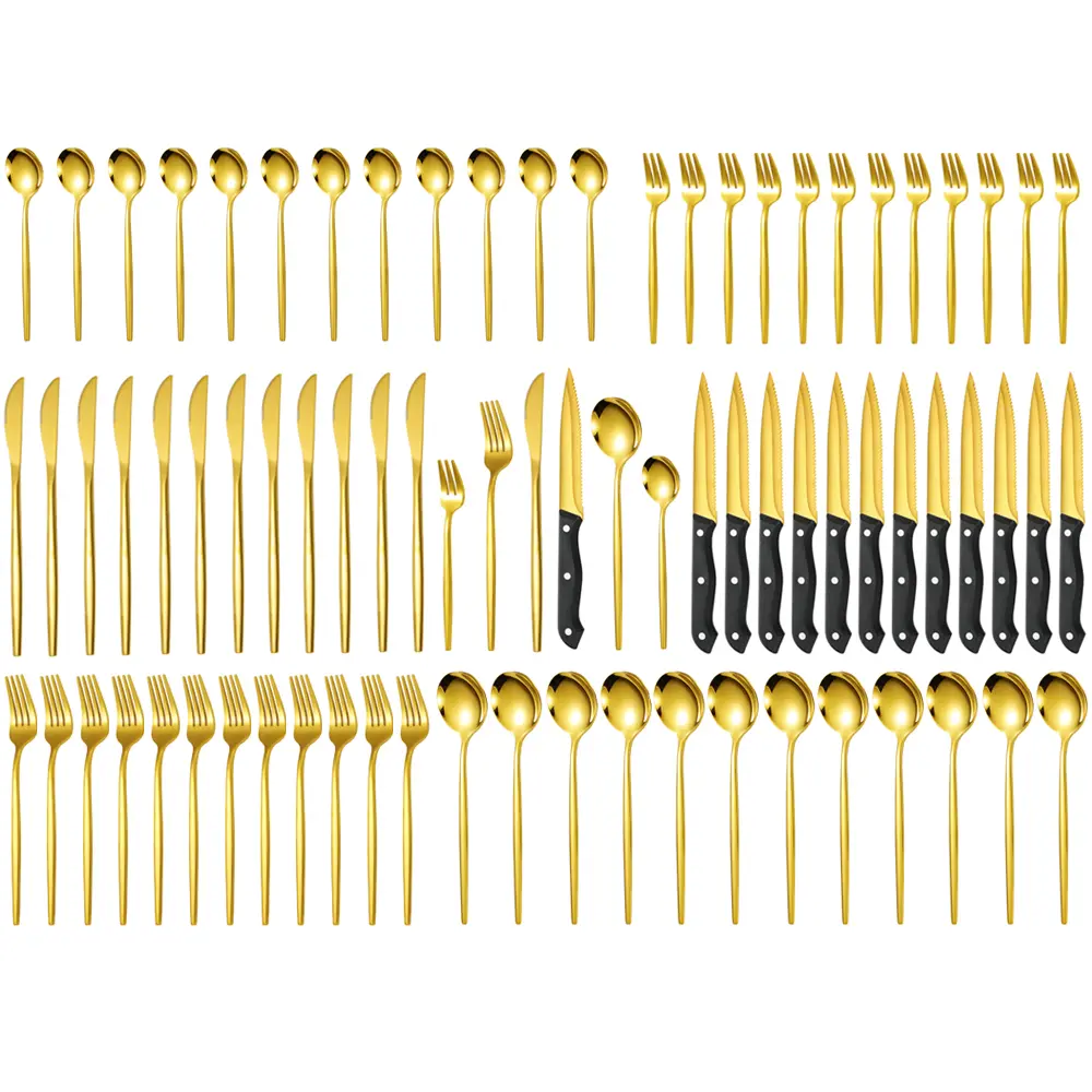 LVABZ Stylish Adult Gold-Colored Stainless Steel Cutlery Tableware Dinnerware Set (72/24-Piece, Service for 12) - 72pcs-Golden Combo, Glossy Mirror Polish, Steak Knives, Sturdy Handles, Dishwasher Safe, Ideal for Spring Brunch, Avocado,