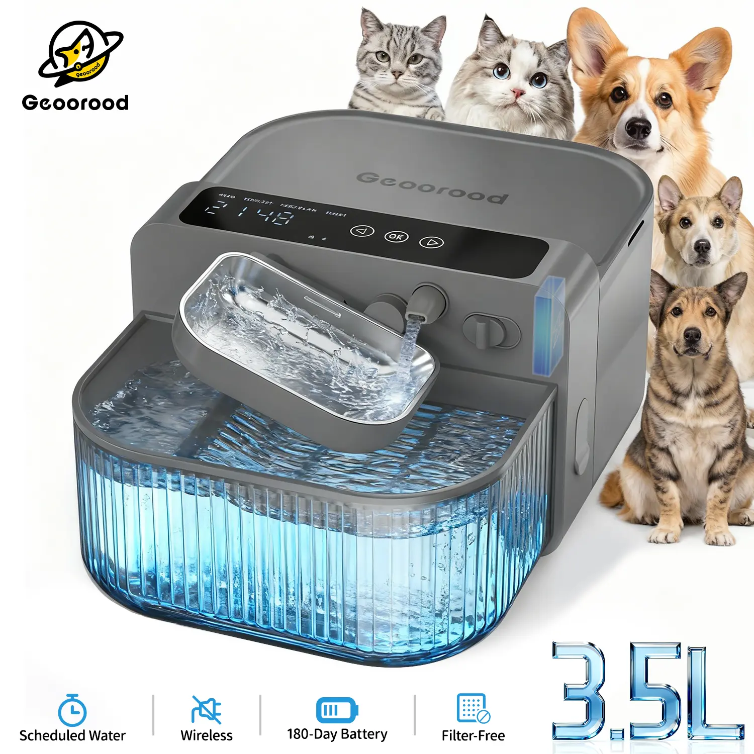 【Geoorood】Automatic Cordless Pet Water Fountain - Wastewater Separation & Filter-free, 6-Month Rechargeable Battery, Stainless Steel Bowl for Cats & Dogs, 3.5L+2L Water Tank, Auto Refill Always Fresh Water #DealsforYouDays #SummerWins