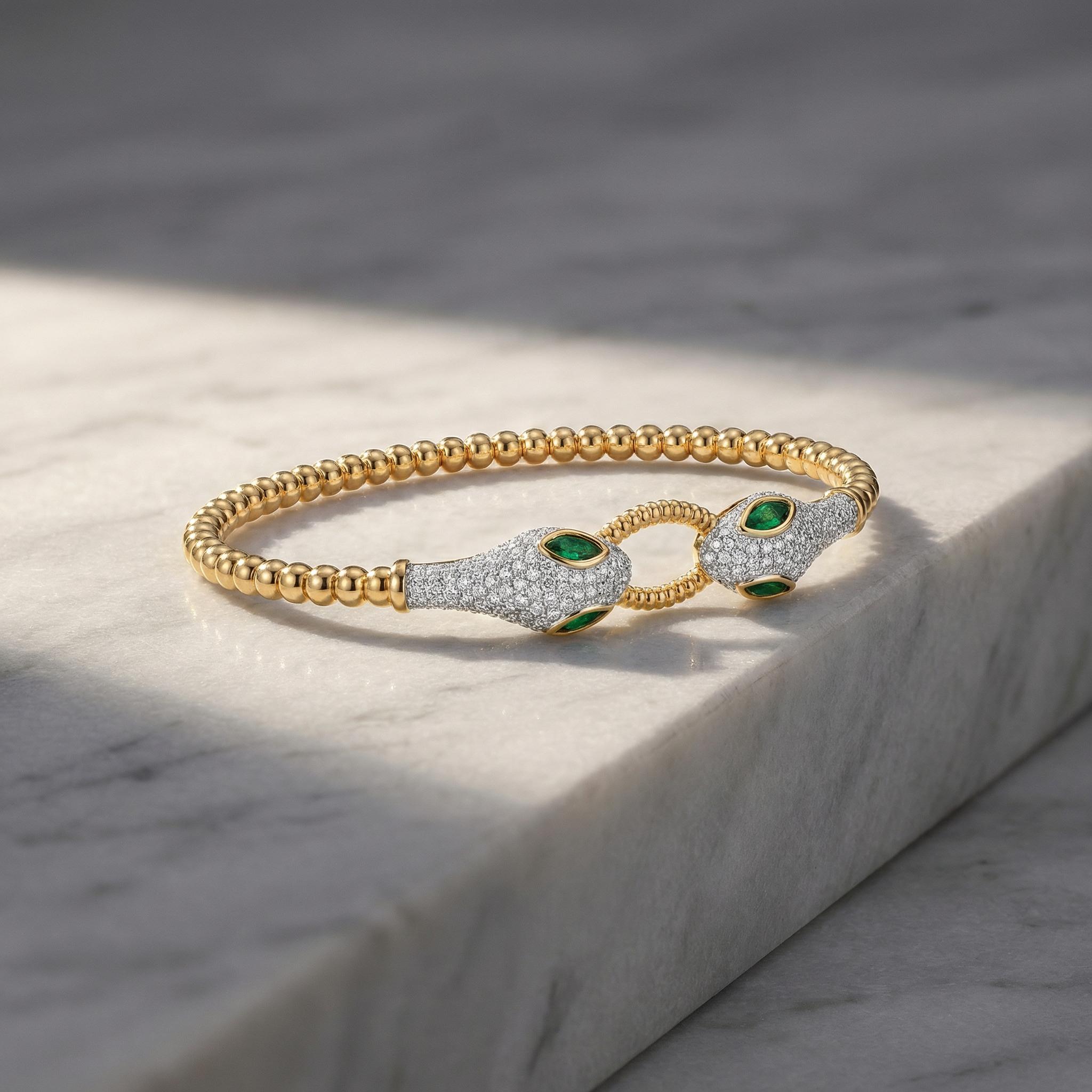 Aprilery Adjustable Snake Design Beaded Bracelet with Green Zircon and Two-Tone Gold and Silver Finish