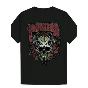 men's women'sBlack Pantera Graphic T-Shirt - Summer Casual Round Neck Polyester Tee with Bold Skull & Flames Design, Machine Washable, Lightweight & Breathable for Casual AttireDX1024-219