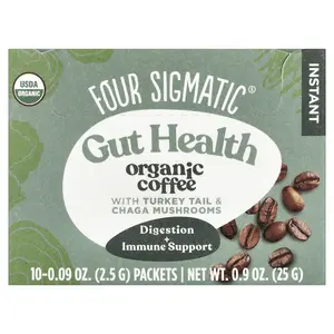 Four Sigmatic Gut Health, Organic Instant Coffee with Turkey Tail & Chaga Mushrooms, Medium Roast, 10 Packets, 0.09 oz (2.5 g)