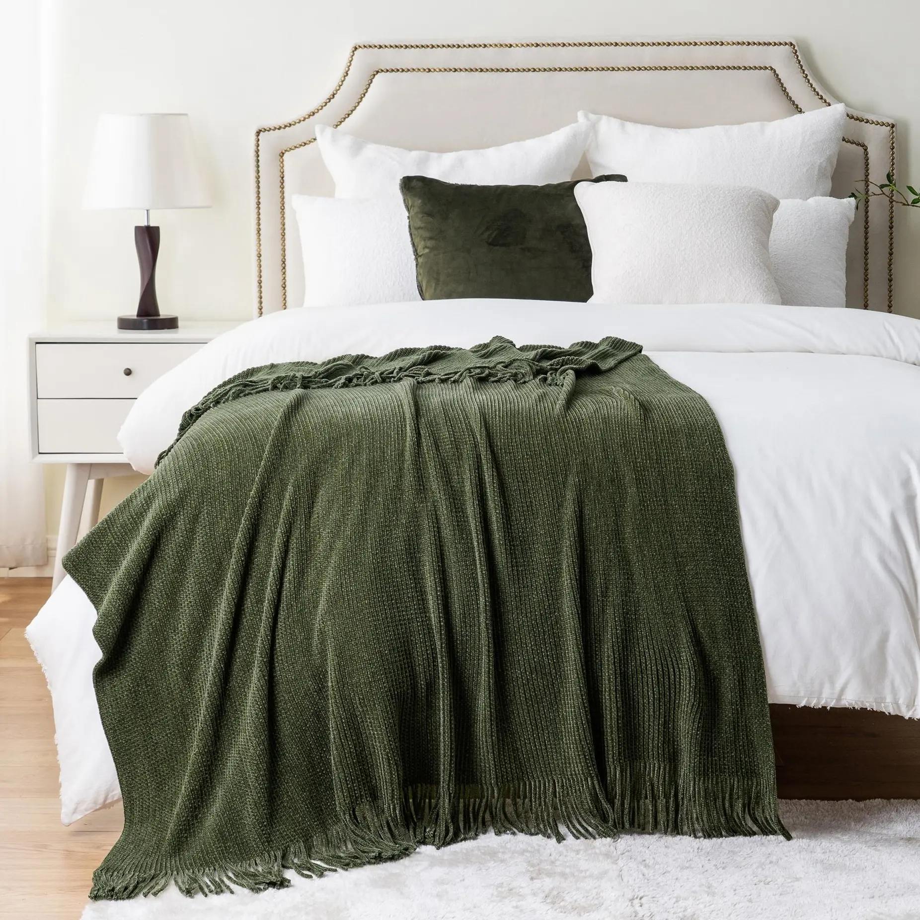 Battilo | Chenille Decorative Throw Blanket - Soft Knit with Tassel Accents, for Couch, Bed or Home Decor, Green Couch Cover