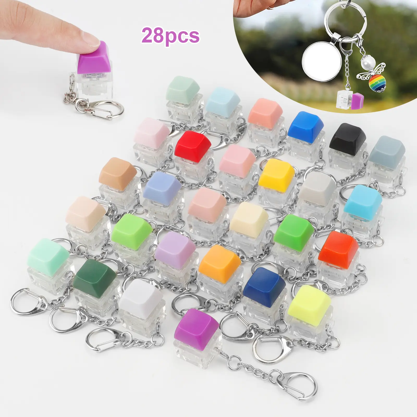 28Pcs Mechanical Keycap Fidget Keychains - Portable Finger Clicker Button Toys, Fidget for Anxiety, Stress Relief Model, Decompression Keyboard Pendants, Gifts for Adults