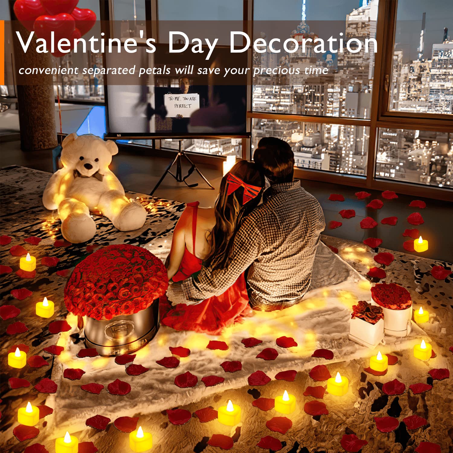 Valentine's Day Surprise Kit: 1000 Rose Petals, 30 Heart Balloons & 24 LED Tea Lights for Romantic Proposal, Anniversary, Wedding Table Scatter Decorations Valentine's Day Surprise Kit: 1000 Rose Petals, 30 Heart Balloons & 24 LED Tea Lights for Romantic Proposal, Anniversary, Wedding Table Scatter Decorations