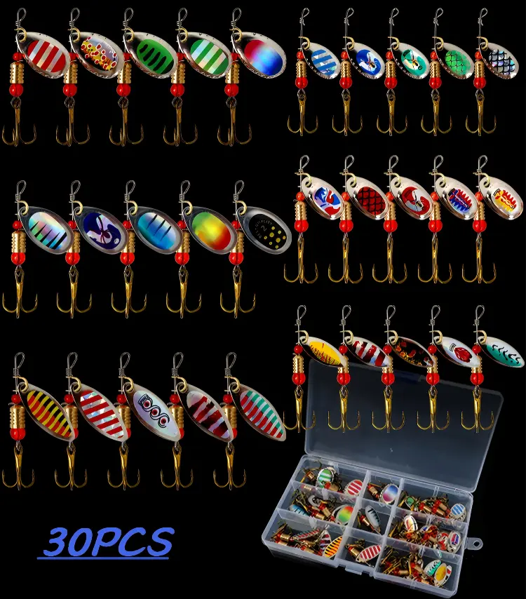 30pc Freshwater Lure Kit, Assorted Metal Spinner Baits for Bass Fishing - Long-Distance Casting Tackle with Reflective Shine, Improves Hookup Rate, Bass Fishing Lures, Metal Blades, 30 Pieces, Assorted Styles, Attract Predatory Fish, Bass Fishing Lure, Fr