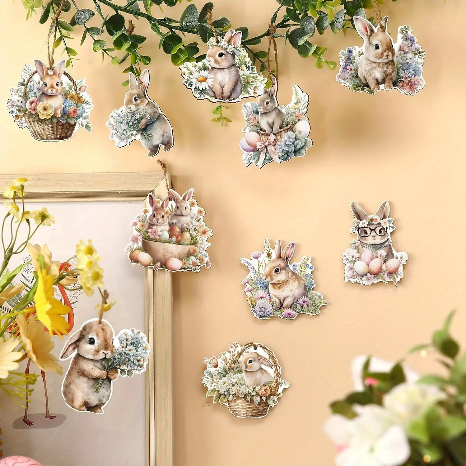 Wooden Easter Egg Hanging Ornaments Vintage Rustic Decorations Hemp Ropes for Easter Tree Home Decor Classroom Party Supplies