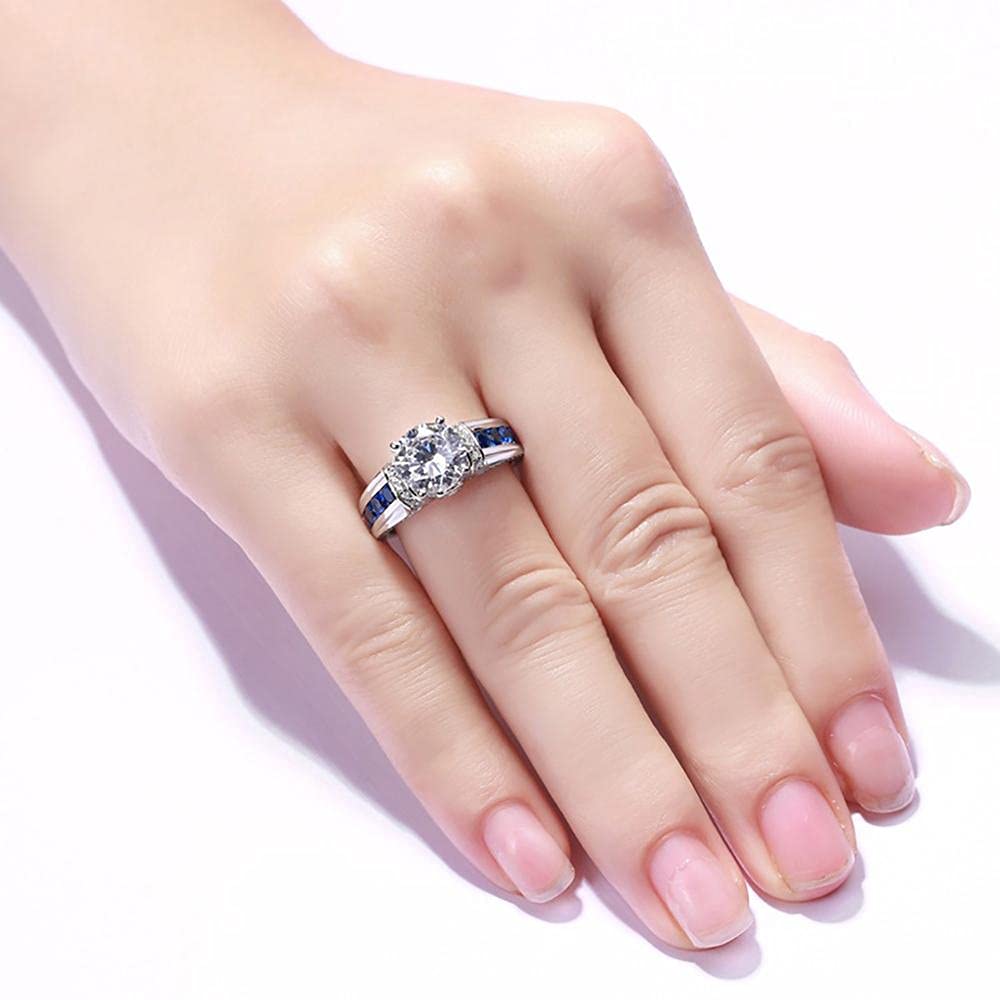 925 Sterling Silver 3CT Round Cut CZ Engagement Ring with Channel-Set Blue Sapphire Accents, Split Shank Promise Ring for Women, Hypoallergenic Bridal Jewelry