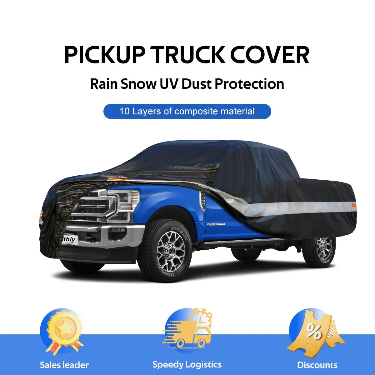 10-Layer Waterproof Pickup Truck Cover - All Season Cover with Fold-and-go Bag, Tear-resist Core, Wind-tight Straps, Heavy Duty for F150 Silverado Ram (228-242"), UV Snow Dust Protection, Great Father's Day Gift