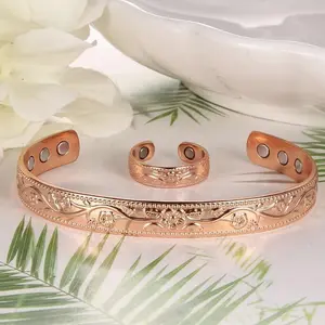 2pcs Copper Bracelets For Women And Copper Ring, Copper Ring Bracelet, Adjustable Size Strength Magnets, Magnetic Copper Cuff Birthday Christmas Gift Set For Mom a-z letter asscher  engagement  ring  formen