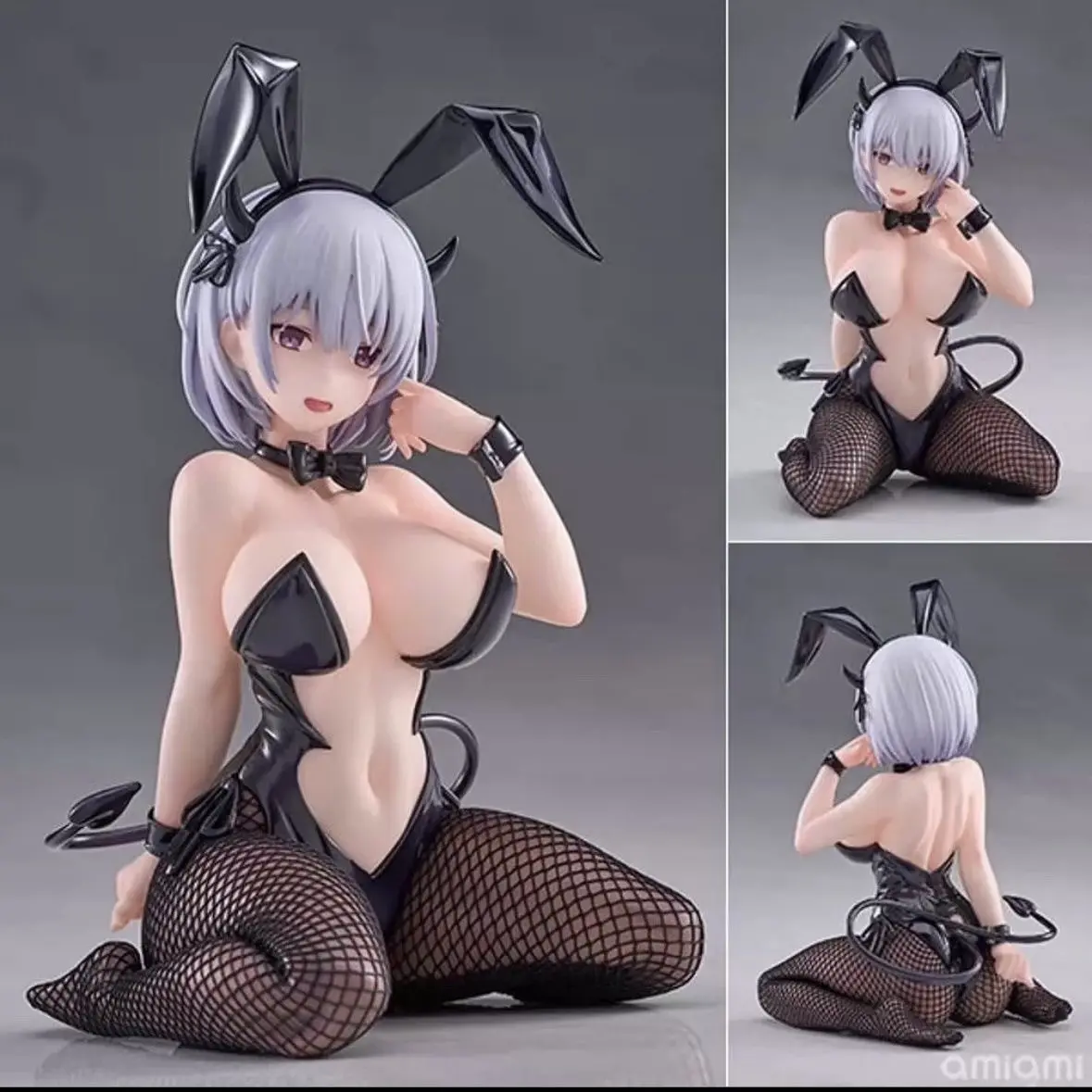 Original Bunny Girl Devil Girl Figure, Classic Kneeling Pose, Silver Color Hair, Rabbit Ears Headband, PVC Material, Collectible Figurine, Whimsical Figurines, Collectible Figure Decor, Figurines For Collectors