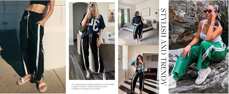 Naeduo Women's Baggy Wide Leg Pants Casual Drawstring Elastic Waist Contrast Color Workout Y2K Track Pants Striped Sports Bottoms All Seasons Lightweight Parachute Fabric for Hyrox